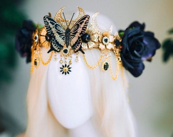 Gold butterfly crown with black roses, Butterfly crown, Butterfly headpiece, Wedding crown, Halloween costume, Fairy crown, Flower crown