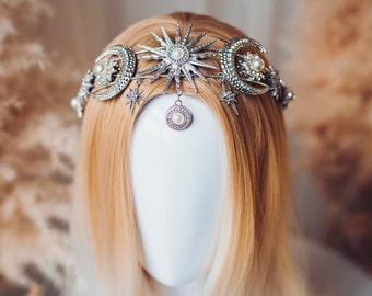 Silver moon headpiece, Bridal headpiece, Silver star tiara, Wedding crown, Silver bridal crown, Celestial jewellery