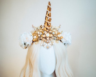 Unicorn Crown, Halloween Headband, Unicorn Costume, Birthday Headband, Headband, Headpiece, Tiara, Flower crown, Gold Tiara, Burning Man