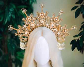 Couronne de halo de déesse avec des perles, couronne de halo de mariage, casque de mariée, couronne de mariée, casque de mariage, couronne de mariage, accessoires de cheveux