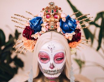 Colourful flower crown, Sugar skull, La Catrina flower crown, Halloween headband, Halloween costume, Day of the Dead headpiece, Flower crown