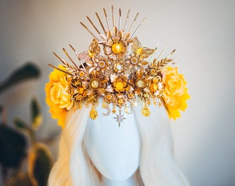 Sun Flower Crown, Flower Headband, Festival Headpiece, Festival Crown, Headband, Headpiece, Sun Crown, Tiara, Flower crown, Halo Headalights