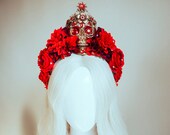 Flower Crown, Red Flower Crown, Flower Headpiece, Sugar Skull, Halloween Crown, Headband, Headpiece, Halloween make up, Skull Flowers