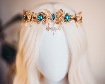 Gold crown with turquoise rhinestones, Butterfly crown, Butterfly headpiece, Wedding crown, Bridal headpiece, Fairy crown, Elven crown