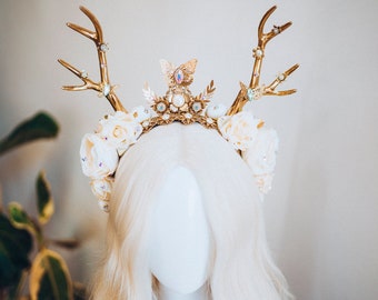 Deer Flower Crown, Headband, Headpiece, Gold Horns Crown, Beige Tiara, Halloween Party Crown, Festival, Burning man, Halloween, Deer Costume