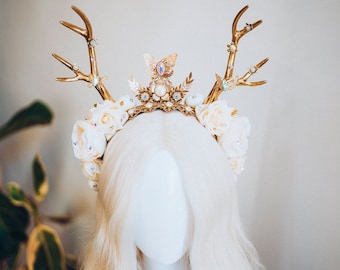 Gold Antler Flower Crown, Beige Tiara, Festival Headpiece