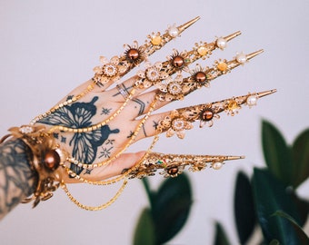 Flower Finger Claws, Gold Bracelet, Nails Jewellery, Halloween costume, Filigree Jewellery, Gold Finger Jewellery, Photo props, Burning man