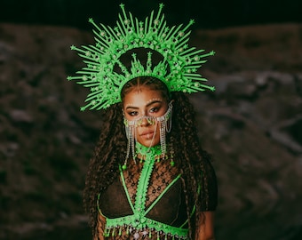 Neon Green Crown, UV Reactive Rave Headpiece, Festival Costume