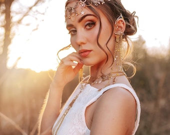 Arnés de cadena con forma de cuerpo celestial dorado – Atuendo de diosa bohemia para festivales