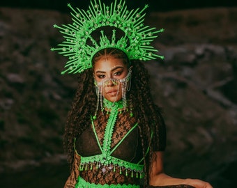 Reggiseno con imbracatura al neon, top rave reattivo ai raggi UV, costume Burning Man