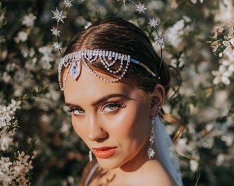 Corona celeste argentata con stella, copricapo da sposa, corona nuziale di cristallo