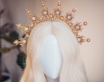 Gold halo crown, Wedding headpiece, Bridal crown, Fairy crown, Pearl crown, Wedding crown, Bridal headpiece, Hair accessories