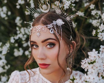 Celestial Halo Crown Silver Bridal Headpiece Moon Star Crown Fantasy Wedding Crown