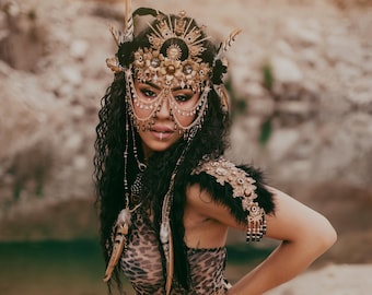 Boho Feather Crown, Black & Gold, Tribal Headpiece