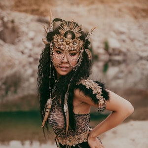 Boho Shaman Crown, Festival Headpiece, Tribal Costume Crown, Feather Crown, Burning Man, Black Gold Crown, Halloween Crown, Statement Crown