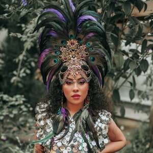 Carnival Peacock Feather Crown, Festival Headpiece with Earrings, Burlesque Showgirl Costume, Boho Peacock Tiara, Party Costume Accessories