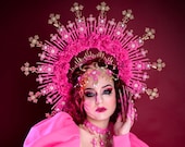 Pink Halo Crown, Flower Crown, Flower Halo Headpiece, Roses, Madonna Collection, Valentine, Halloween, Pink Crown, Photo Props, Gothic bride