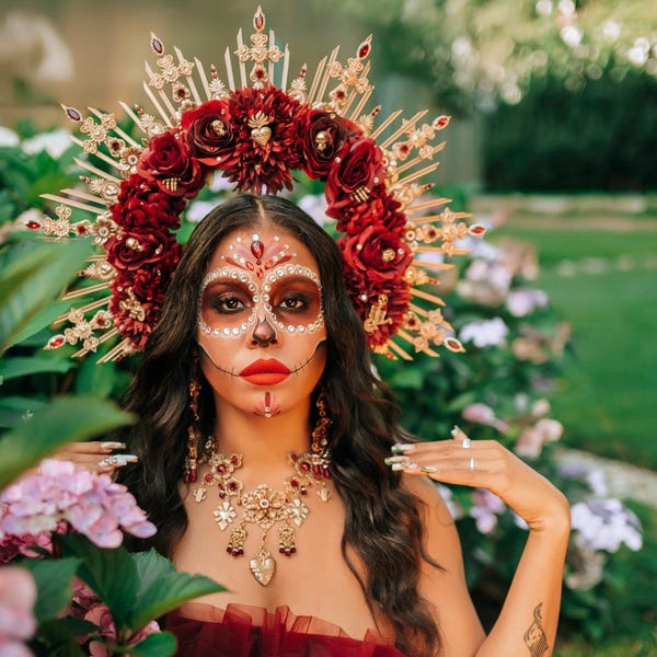 La Catrina Halo Crown: Red Roses, Sacred Heart, Day Of The Dead Headpiece