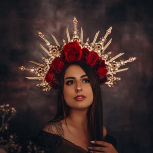 Red flower crown, Bridal headpiece, Flower headband, Gold crown with red roses, Wedding headpiece, Bridal crown, Goddess crown, Red crown