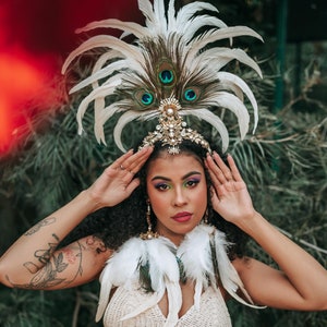 White Peacock Feather Crown, Boho Festival Headpiece, Gold Showgirl Tiara, Carnival Costume Crown, Statement Party Headpiece