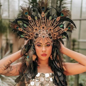 Gold halo crown with black feathers
