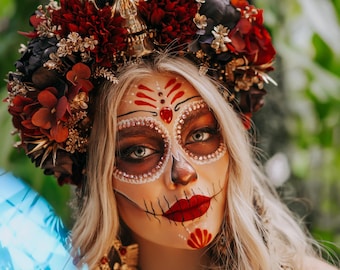 La Catrina Earrings, Red Gold Sugar Skull Jewelry, Día De Los Muertos