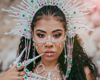 Neon UV Face Jewelry, Festival Rave Rhinestone Mask, Burning Man Headpiece
