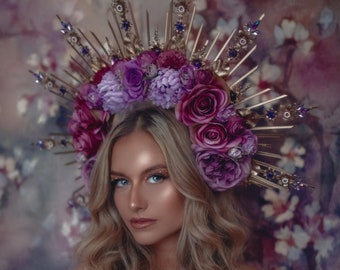 Purple flower halo crown, Purple crown, Purple flower crown, Gold halo crown, Goddess crown, Flower headband, Flower headpiece, Tiara