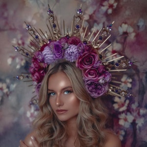 Purple flower halo crown, Purple crown, Purple flower crown, Gold halo crown, Goddess crown, Flower headband, Flower headpiece, Tiara