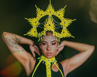 Neon Burning Man Crown, UV Rave Harness Set, Cyber Festival Costume