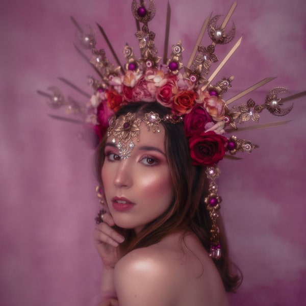 Flower halo crown, Pink flower crown, Goddess halo crown, Bridal flower crown, Wedding crown, Gold crown, Hair accessories, Fairy crown