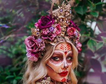 Brincos La Catrina Rose Skull, Día De Los Muertos, Estilo Mexicano