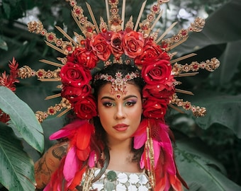 Red Floral Spike Crown Large Photoshoot Goth Red Flower Halo Crown With Spikes: Carnival Photoshoot  main image 2