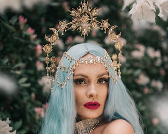 Gold sun crown, Moon crown, Halo Headpiece, Bridal Jewellery, Wedding hair accessories, Bridal headpiece, Wedding crown, Fairy crown