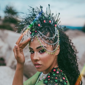 Neon Ritual Crown, Festival Headpiece, Feather Halo Crown, UV Blacklight Costume, Burning Man Accessories, Handmade Rave Outfit, Boho Crown