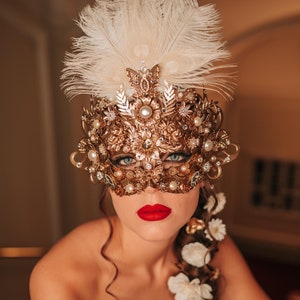 Gold Venetian Mask, Feather Pearl Masquerade Mask, Elegant Carnival Mask, Wedding Mask, Venetian Style Ball Mask, Luxury Party Accessory