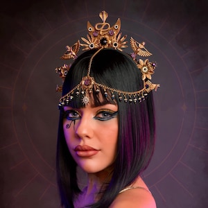 Casque Cléopâtre, Diadème égyptien, Couronne de festival, Bijoux de Mardi Gras, Accessoire d&#39;Halloween, Reine du carnaval, Couronne de luxe faite main