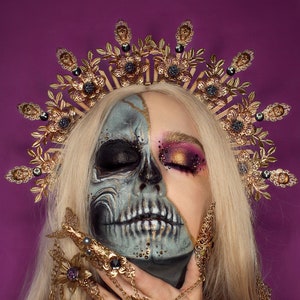 Corona de halo, diadema de halo de flores, halo, tocado de halo, corona, diadema, tocado, Halloween, calavera de azúcar, disfraz de Halloween, disfraz de fiesta