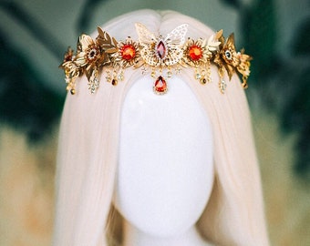 Couronne en or avec strass rouges, couronne de papillon, casque de papillon, couronne de mariage, casque de mariée, couronne de fée, couronne elfique