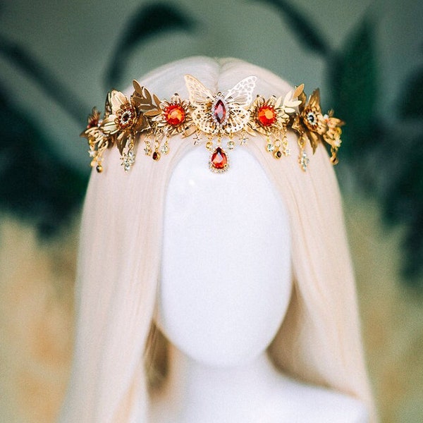 Couronne en or avec strass rouges, couronne de papillon, casque de papillon, couronne de mariage, casque de mariée, couronne de fée, couronne elfique