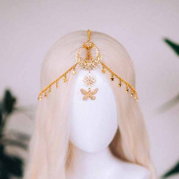 Gold chain headband, Festival headpiece, Boho festival jewellery, Gold noon crown, Moon tiara, Gold moon jewellery, Festival headband, Boho