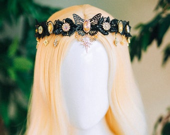 Black butterfly tiara with gold and AB rhinestones