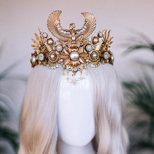 Couronne dorée de Cléopâtre, casque de déesse égyptienne, diadème de festival, costume d&#39;Halloween, reine pharaon, couronne or