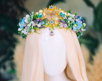 Blue flower crown, Flower tiara, Wedding headpiece, Flower headband, Fairy crown, Wedding Crown, Boho Bride, Gold crown, Greenery crown