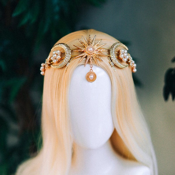 Couronne de lune d’or, Bijoux célestes, Casque de festival, Couronne de mariage en or, Casque de mariée en or, Couronne de mariée