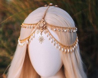 ゴールデンパールのヘッドピース、エルフのブライダルクラウン、天の女神のティアラ、ファンタジーチェーン、光輪