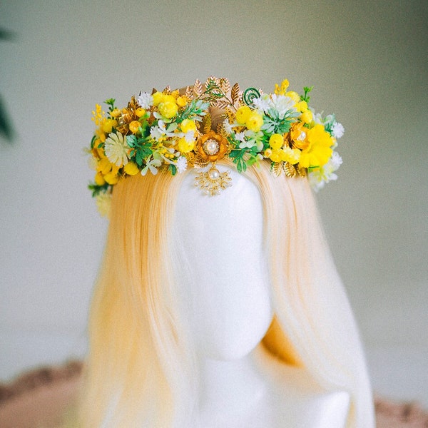 Yellow Flower crown Flower tiara Celestial Gold Wedding headpiece Headband Fairy Eleven Flower Wedding Crown Boho Bride Crystal Crown