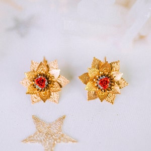 Flower earrings Festival earrings Gold earrings Summer earrings Flower jewellery Wedding accessories Red earrings Bridal earrings Boho zdjęcie 2