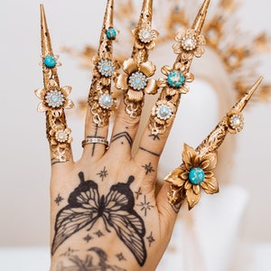 Blue Sky Finger Claw 1 pièce, Bracelet en or, Bijoux pour ongles, Halloween, Bijoux en filigrane, Doigts d'or, Crâne en sucre, Accessoires photo, Bague image 7