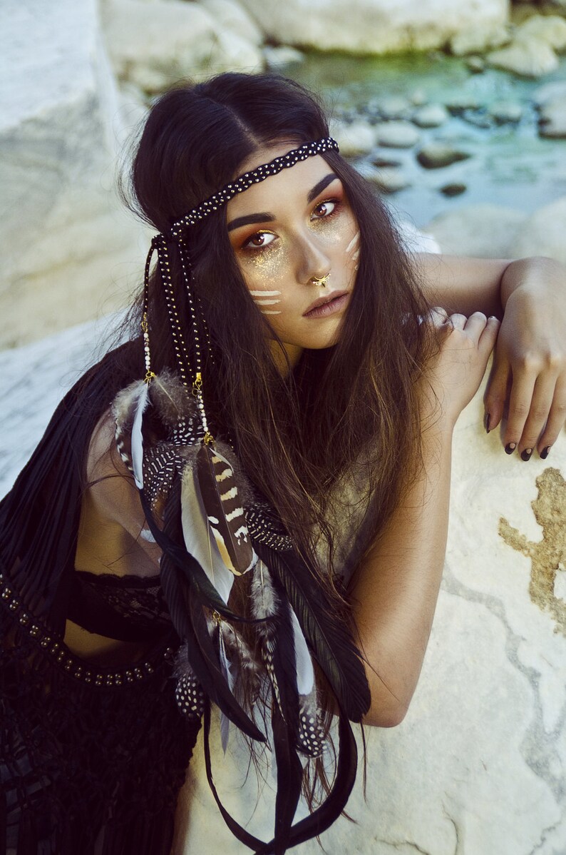 feather headband boho feather crown halloween costume leather feather crown gold boho crown festival crown Bohemian feather crown